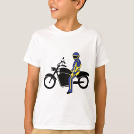 Blauw en geel leer tijdens een motorrace t-shirt