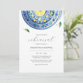 Blauw en Geel Lemon bruiloft repetitie diner Kaart (Staand voorkant)