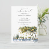 Blauw en Geel Lemon bruiloft repetitie diner Kaart (Staand voorkant)