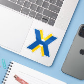 Blauw en Geel Letter X Monogram Sticker (Laptop met iPhone)