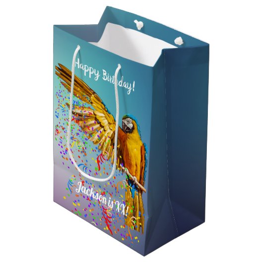 Blauw en geel Macaw Throws Confetti Medium Cadeauzakje (Voorkant Gekanteld)