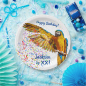 Blauw en geel Macaw Throws Confetti      Papieren Bordje (Feest)