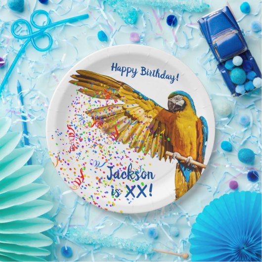 Blauw en geel Macaw Throws Confetti      Papieren Bordje (Feest)