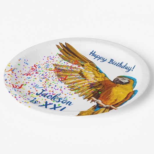 Blauw en geel Macaw Throws Confetti      Papieren Bordje (Gekanteld)