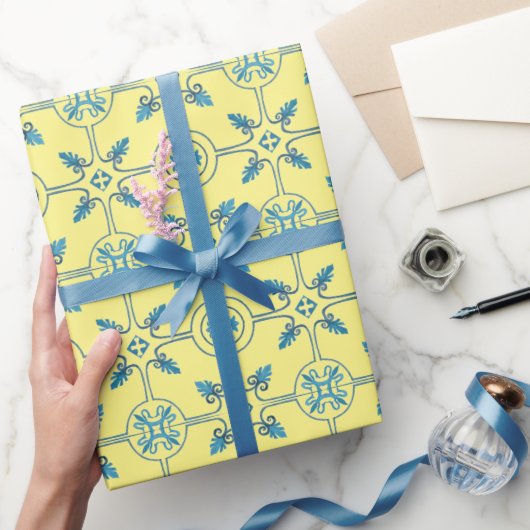 Blauw en geel Marokkaans Tile Patroon Cadeaupapier (Geschenken)