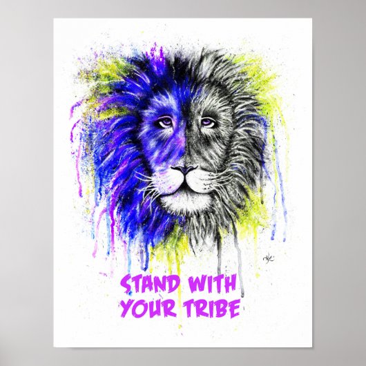 Blauw en geel met Poster tekst - Lion Print! (Voorkant)