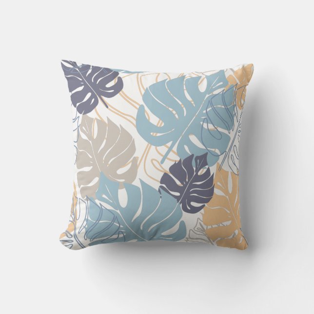 Blauw en geel monstera bladpatroon kussen (Voorkant)