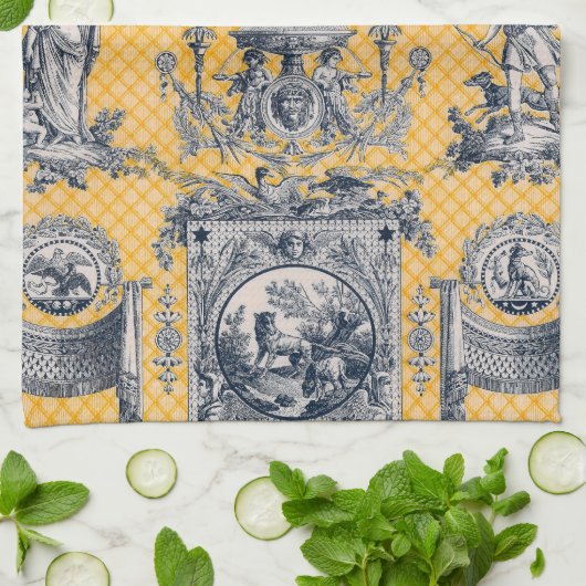 Blauw en geel Neoclassiek Toile Frans Land Theedoek (Gevouwen)