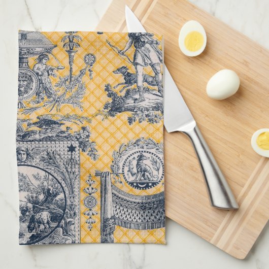 Blauw en geel Neoclassiek Toile Frans Land Theedoek (Quarter Fold)