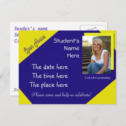 Blauw en geel Open Huis afstuderen briefkaart (Voorkant / Achterkant)