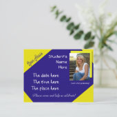 Blauw en geel Open Huis afstuderen briefkaart (Staand voorkant)