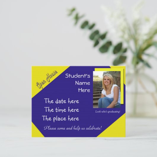 Blauw en geel Open Huis afstuderen briefkaart (Staand voorkant)