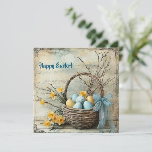  blauw en geel paaseieren en narcissen feestdagenkaart (Staand voorkant)