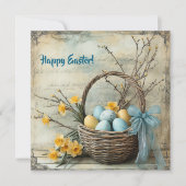  blauw en geel paaseieren en narcissen feestdagenkaart (Voorkant)