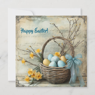 blauw en geel paaseieren en narcissen feestdagenkaart