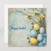 blauw en geel paaseieren en narcissen feestdagenkaart (Voorkant / Achterkant)