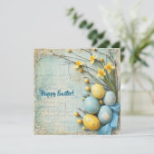 blauw en geel paaseieren en narcissen feestdagenkaart (Staand voorkant)
