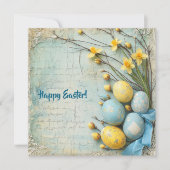 blauw en geel paaseieren en narcissen feestdagenkaart (Voorkant)