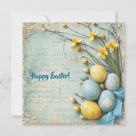 blauw en geel paaseieren en narcissen feestdagenkaart (Voorkant)