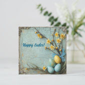 blauw en geel paaseieren en narcissen feestdagenkaart (Staand voorkant)