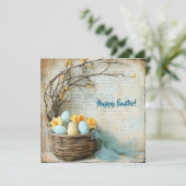  blauw en geel paaseieren en narcissen feestdagenkaart (Staand voorkant)