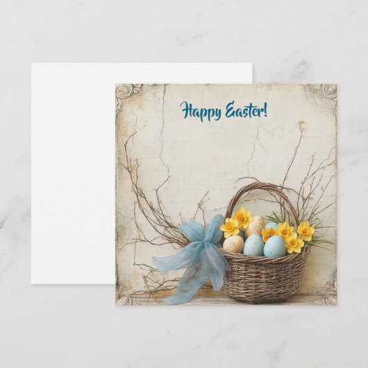 blauw en geel paaseieren en narcissen feestdagenkaart (Voorkant / Achterkant)