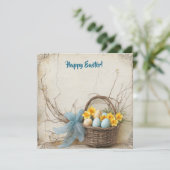  blauw en geel paaseieren en narcissen feestdagenkaart (Staand voorkant)