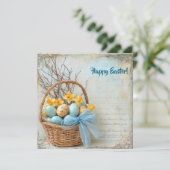 blauw en geel paaseieren en narcissen feestdagenkaart (Staand voorkant)