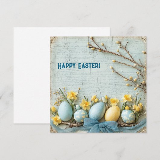  blauw en geel paaseieren en narcissen feestdagenkaart (Voorkant / Achterkant)