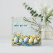 blauw en geel paaseieren en narcissen feestdagenkaart (Staand voorkant)