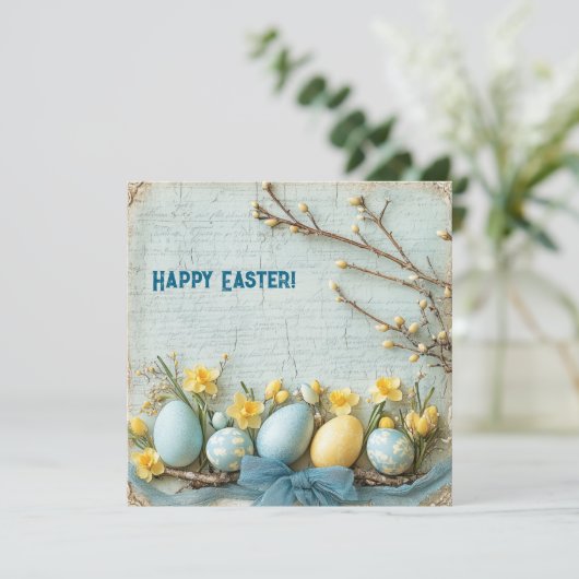  blauw en geel paaseieren en narcissen feestdagenkaart (Staand voorkant)