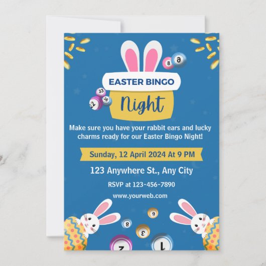 Blauw en geel Pasen Bingo Nachtuitnodiging Kaart (Voorkant)