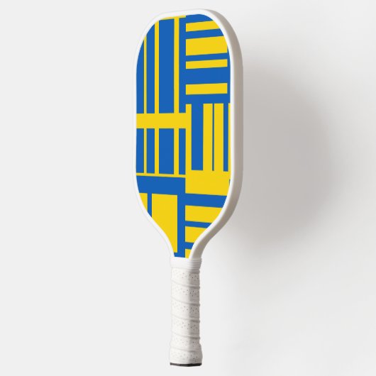 Blauw en geel patroon van het ontwerp van de kleur pickleball paddle (Links)