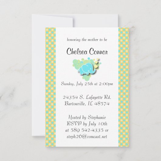 Blauw en Geel Plaid met Baby Elephant Kaart (Achterkant)