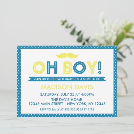 Blauw en geel Polka Dot Oh Boy Baby shower Kaart (Staand voorkant)