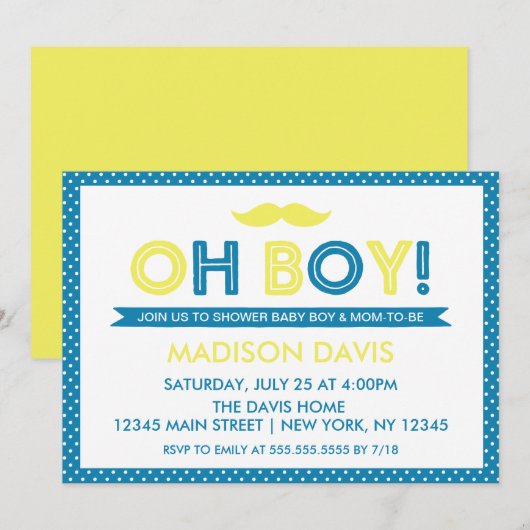 Blauw en geel Polka Dot Oh Boy Baby shower Kaart (Voorkant / Achterkant)