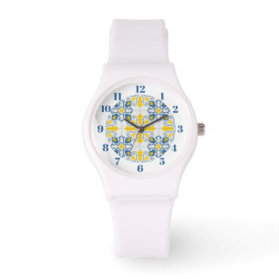 Blauw en geel  Portugees tegels patroon Horloge