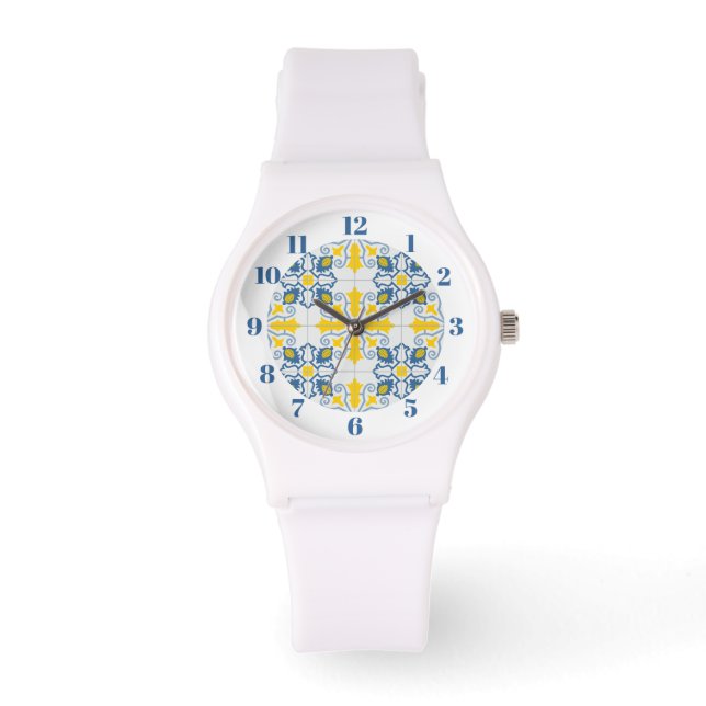 Blauw en geel  Portugees tegels patroon Horloge (Voorkant)