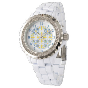 Blauw en geel  Portugees tegels patroon Horloge