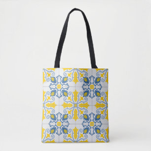Blauw en geel  Portugees tegels patroon Tote Bag