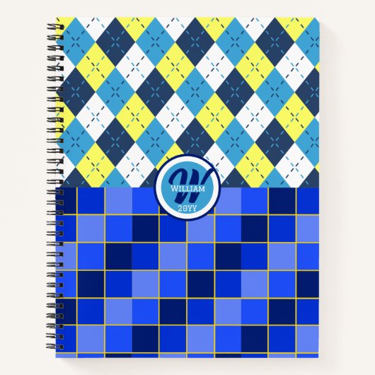 Blauw en geel Preppy Argyle en controles Notitieboek (Voorkant)