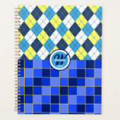Blauw en geel Preppy Argyle en controles Planner (Voorkant)