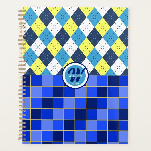 Blauw en geel Preppy Argyle en controles Planner (Voorkant)