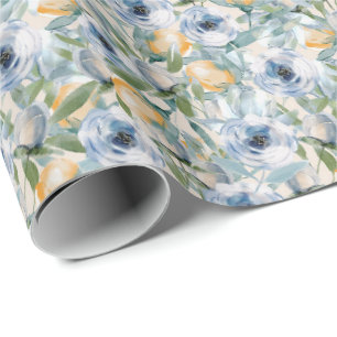 Blauw en Geel Rozen Inpakpapier