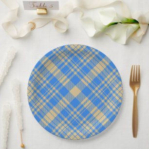 Blauw en Geel Schots Tartan Plaid Papieren Bordje