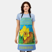 Blauw en Geel Streep Bloemen All-Over Print Schort (Gedragen)
