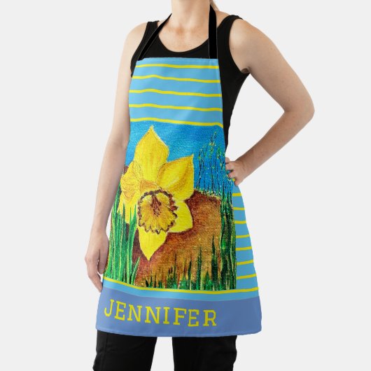 Blauw en Geel Streep Bloemen All-Over Print Schort (Insitu)