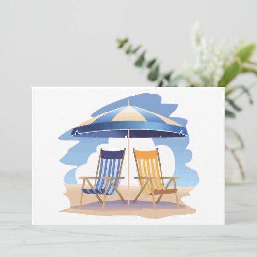 Blauw en geel Striped Beach Chairs & Umbrella Kaart (Staand voorkant)
