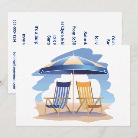 Blauw en geel Striped Beach Chairs & Umbrella Kaart (Voorkant / Achterkant)