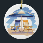 Blauw en geel Striped Beach Chairs & Umbrella Keramisch Ornament<br><div class="desc">Fun, feestelijk Tropisch en Beach Met voorwerpen die je kunt verdragen, voel je alsof je op een exotische vakantie in de tropen zit, zelfs als je thuis of in de kantoor bent. Voel de zon op je rug, het zand in je tenen en de spray van de oceaan op je...</div>